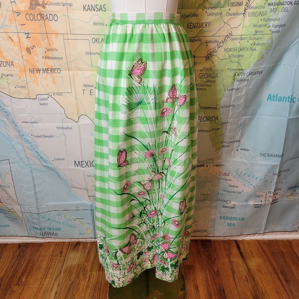 Vintage 1970s Miss Shaheen Green  Long Maxi Skirt with Butterfly Print Size 8